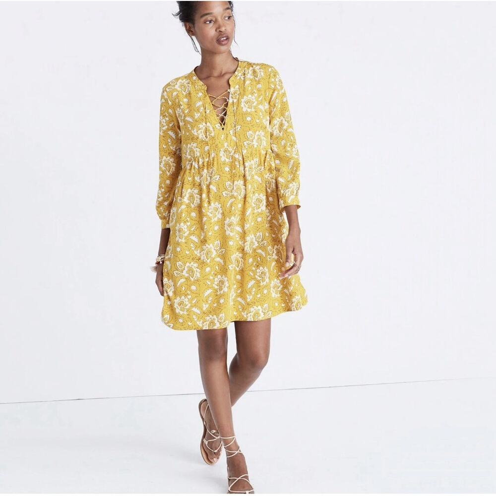 Madewell Yellow Floral Lace-Up Mini Dress